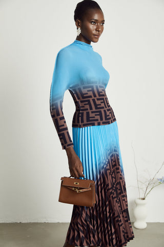 Désirée Color-Block Pleated Top and Skirt Set — Blue & Brown