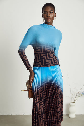 Désirée Color-Block Pleated Top and Skirt Set — Blue & Brown