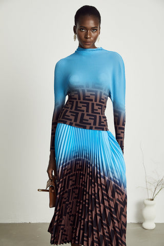 Désirée Color-Block Pleated Top and Skirt Set — Blue & Brown