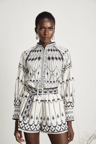 Allie Graphic Print Shirt and Shorts Set — White & Black