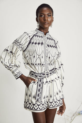 Allie Graphic Print Shirt and Shorts Set — White & Black