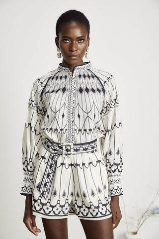 Allie Graphic Print Shirt and Shorts Set — White & Black