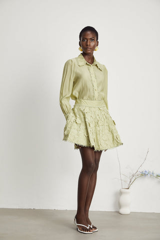 Hélène Floral Embroidery Shirt and Skirt Set — Green