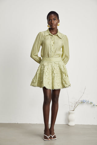 Hélène Floral Embroidery Shirt and Skirt Set — Green