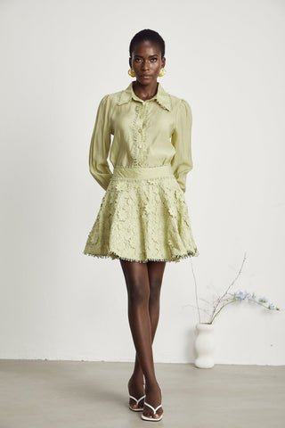 Hélène Floral Embroidery Shirt and Skirt Set — Green