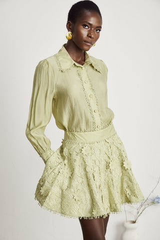 Hélène Floral Embroidery Shirt and Skirt Set — Green