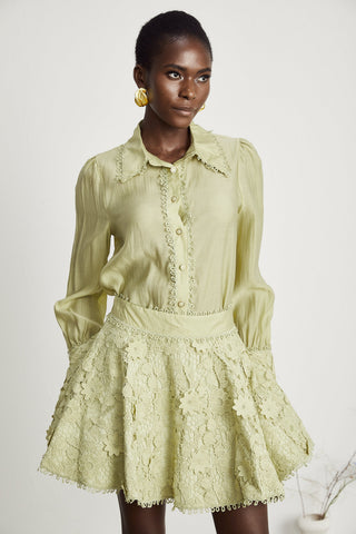 Hélène Floral Embroidery Shirt and Skirt Set — Green