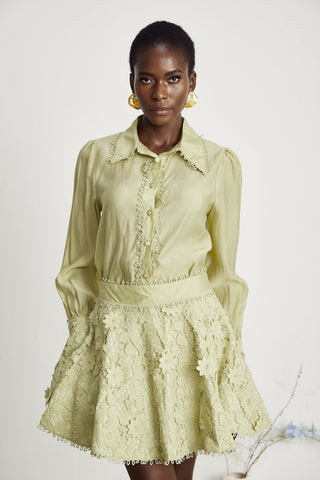 Hélène Floral Embroidery Shirt and Skirt Set — Green