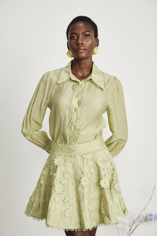 Hélène Floral Embroidery Shirt and Skirt Set — Green
