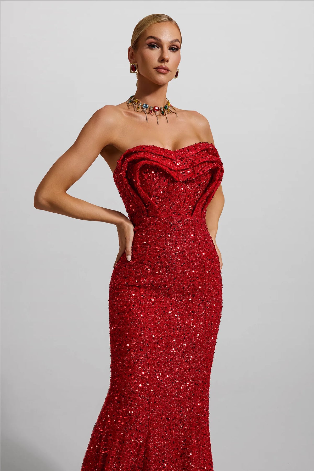 Strapless Sequin Maxi Dress — Red