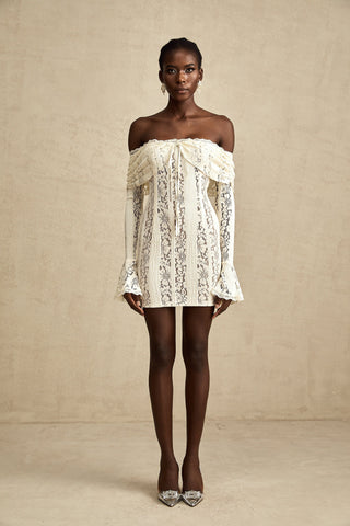 Émeline Floral Lace Mini Dress with Flared Cuffs in Neutral Tones