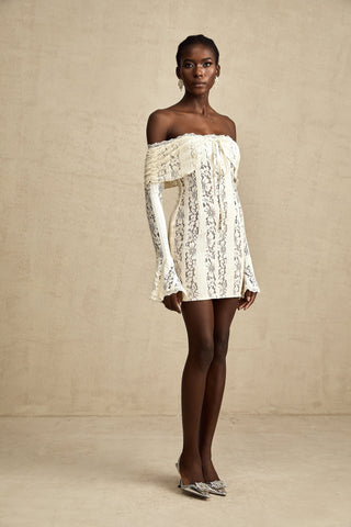 Émeline Floral Lace Mini Dress with Flared Cuffs in Neutral Tones