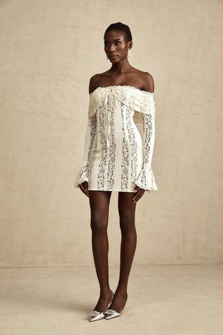 Émeline Floral Lace Mini Dress with Flared Cuffs in Neutral Tones
