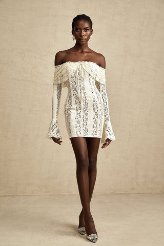 Émeline Floral Lace Mini Dress with Flared Cuffs in Neutral Tones