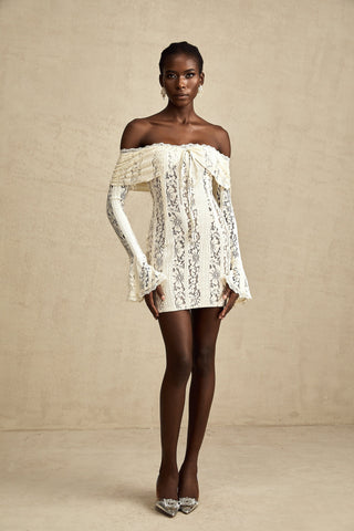 Émeline Floral Lace Mini Dress with Flared Cuffs in Neutral Tones