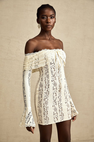 Émeline Floral Lace Mini Dress with Flared Cuffs in Neutral Tones