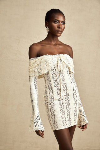 Émeline Floral Lace Mini Dress with Flared Cuffs in Neutral Tones