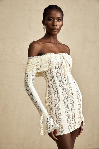 Émeline Floral Lace Mini Dress with Flared Cuffs in Neutral Tones