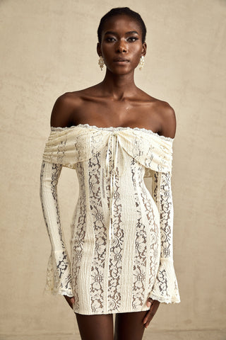 Émeline Floral Lace Mini Dress with Flared Cuffs in Neutral Tones