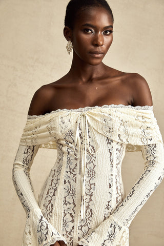 Émeline Floral Lace Mini Dress with Flared Cuffs in Neutral Tones