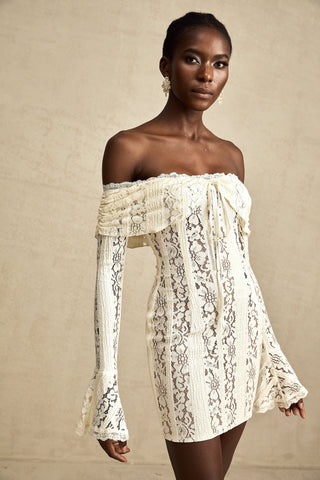 Émeline Floral Lace Mini Dress with Flared Cuffs in Neutral Tones