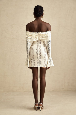 Émeline Floral Lace Mini Dress with Flared Cuffs in Neutral Tones