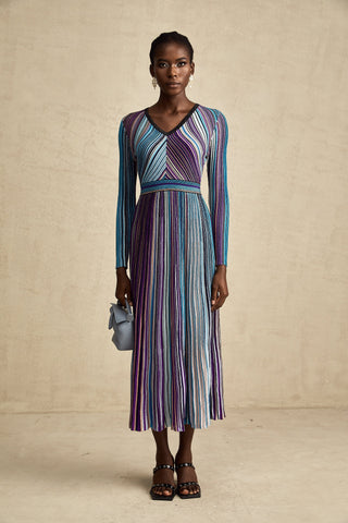 Mathilde Metallic Pleated Midi Dress — Blue