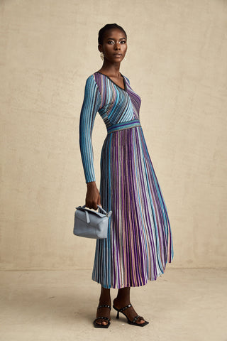 Mathilde Metallic Pleated Midi Dress — Blue