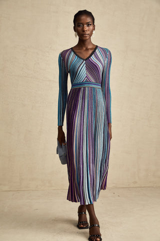 Mathilde Metallic Pleated Midi Dress — Blue