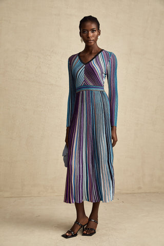 Mathilde Metallic Pleated Midi Dress — Blue