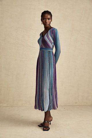 Mathilde Metallic Pleated Midi Dress — Blue