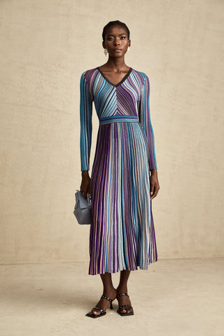Mathilde Metallic Pleated Midi Dress — Blue