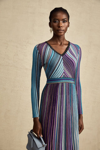 Mathilde Metallic Pleated Midi Dress — Blue