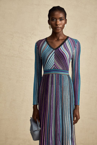 Mathilde Metallic Pleated Midi Dress — Blue