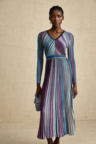Mathilde Metallic Pleated Midi Dress — Blue