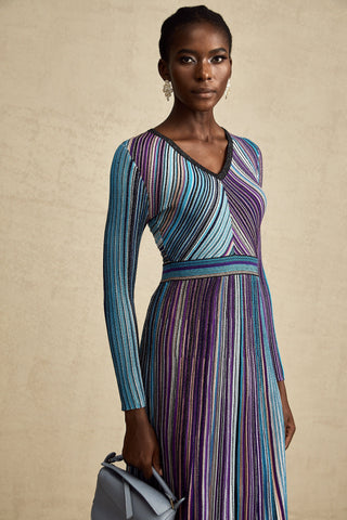 Mathilde Metallic Pleated Midi Dress — Blue