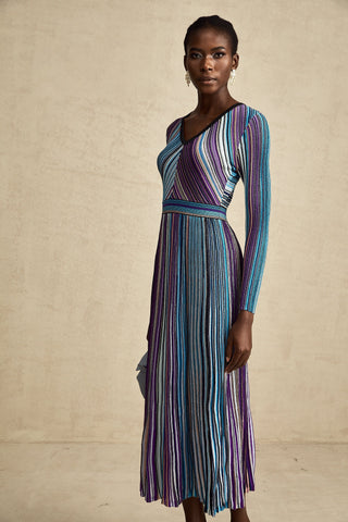 Mathilde Metallic Pleated Midi Dress — Blue
