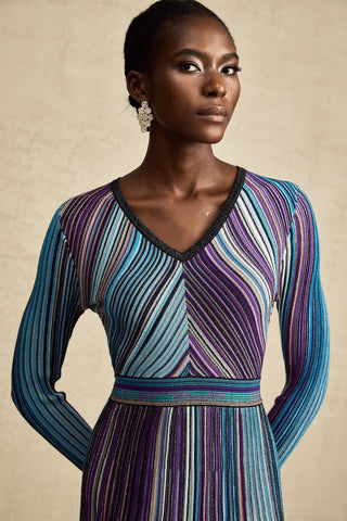 Mathilde Metallic Pleated Midi Dress — Blue