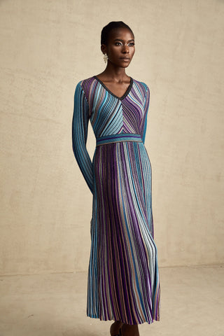 Mathilde Metallic Pleated Midi Dress — Blue
