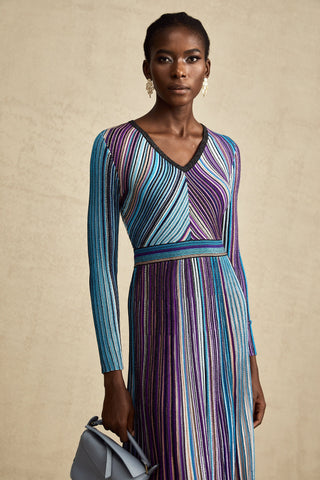 Mathilde Metallic Pleated Midi Dress — Blue