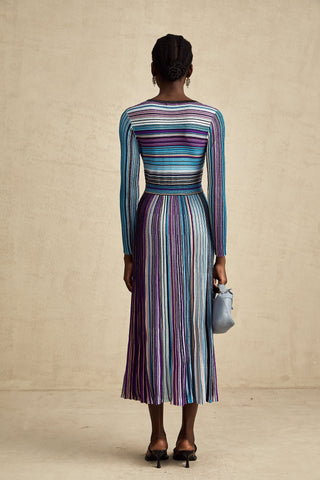 Mathilde Metallic Pleated Midi Dress — Blue