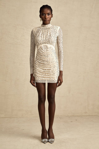 Noémie Crystal-Embellished Draped Mini Dress — Champagne