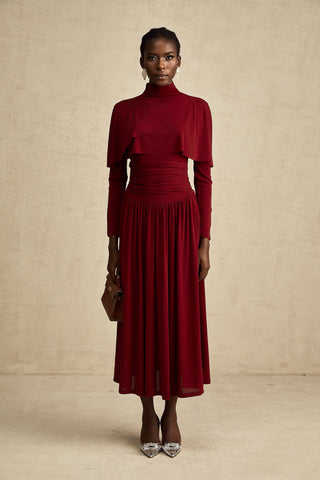 Camille Ruched Flap-Detail Midi Dress — Wine Red