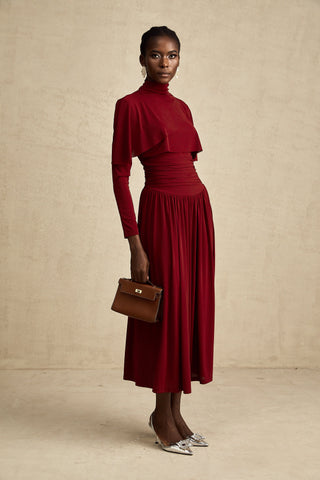Camille Ruched Flap-Detail Midi Dress — Wine Red