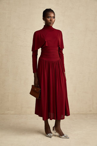 Camille Ruched Flap-Detail Midi Dress — Wine Red