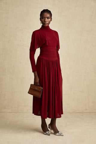 Camille Ruched Flap-Detail Midi Dress — Wine Red