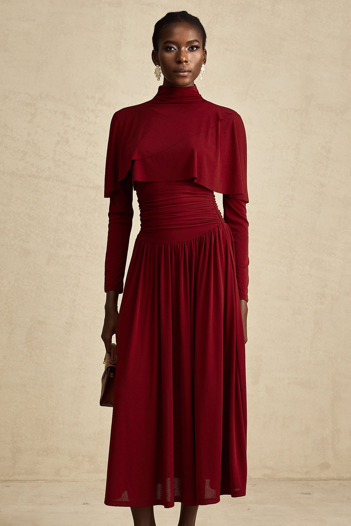 Camille Ruched Flap-Detail Midi Dress — Wine Red