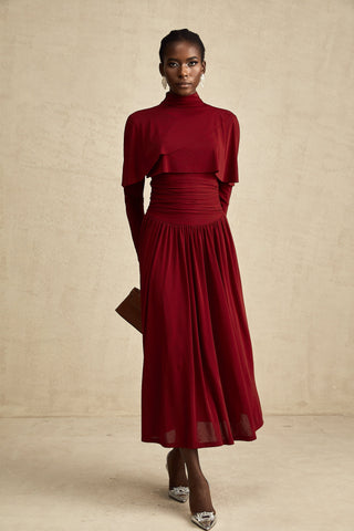 Camille Ruched Flap-Detail Midi Dress — Wine Red