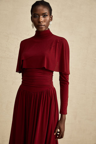 Camille Ruched Flap-Detail Midi Dress — Wine Red