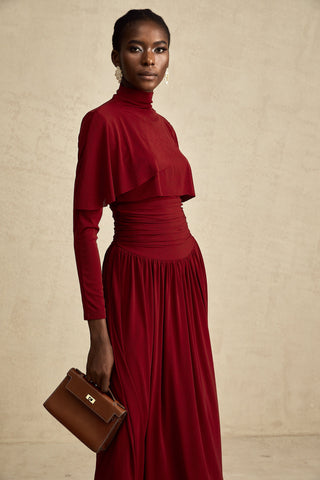 Camille Ruched Flap-Detail Midi Dress — Wine Red